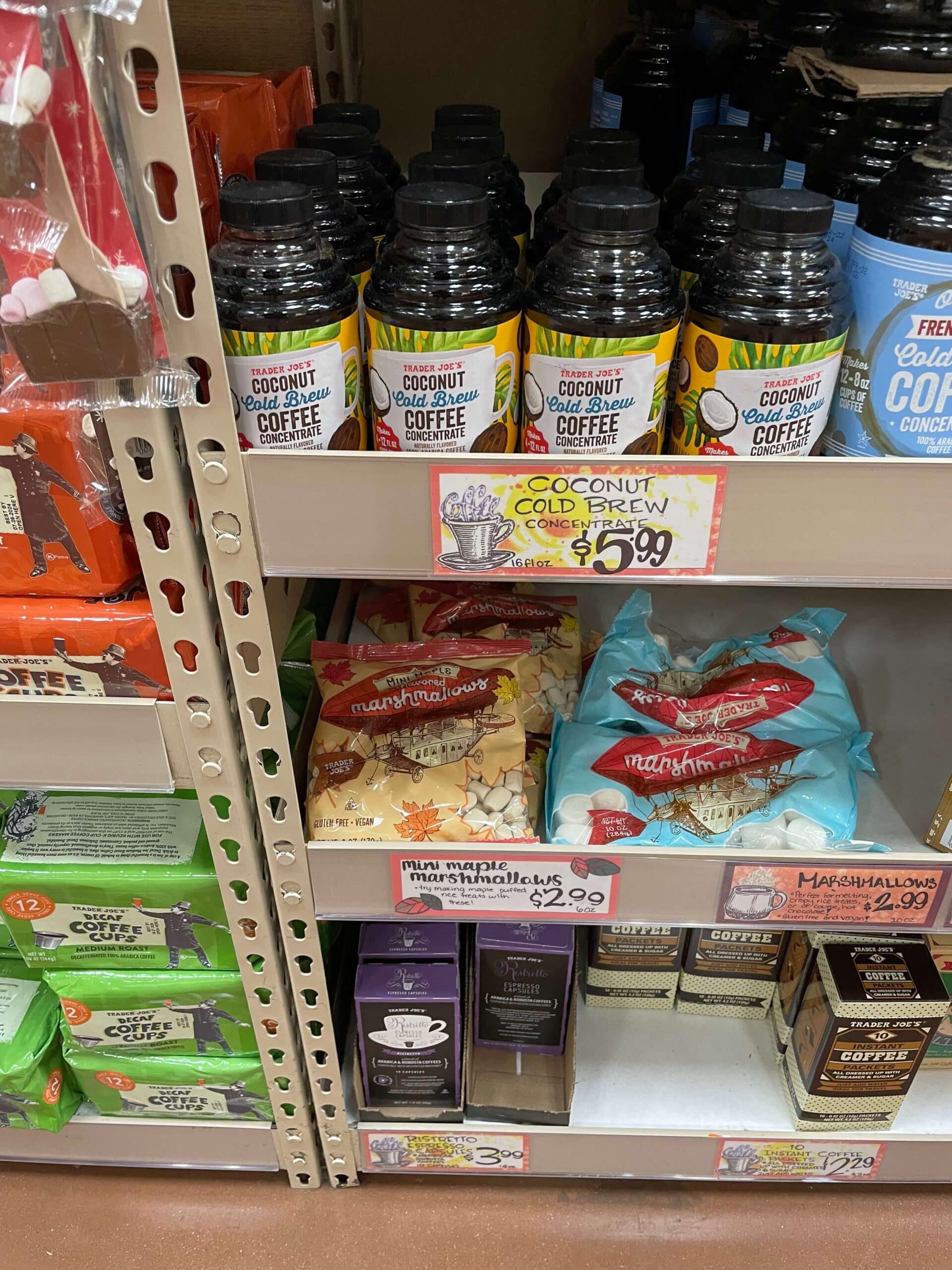 a rack of marshmallows and coffee at Trader Joe's 