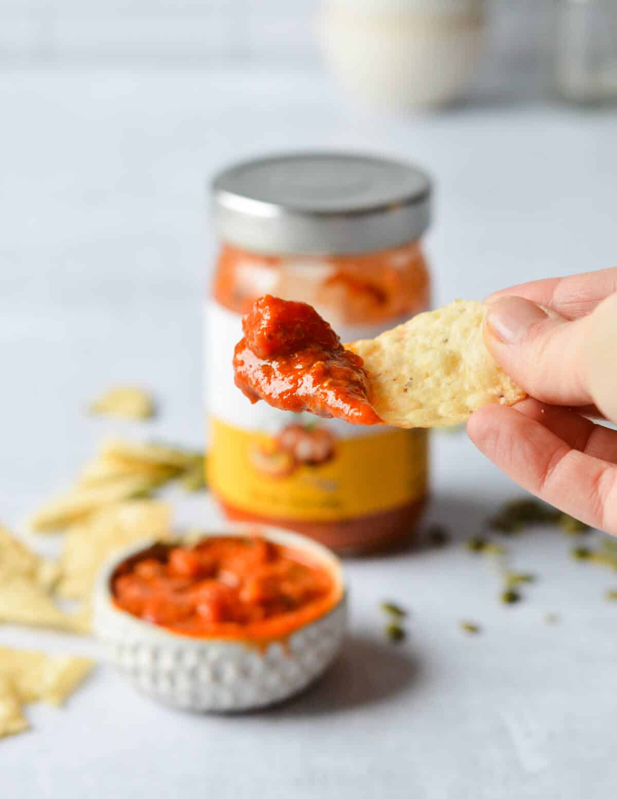 a chip full of salsa. 
