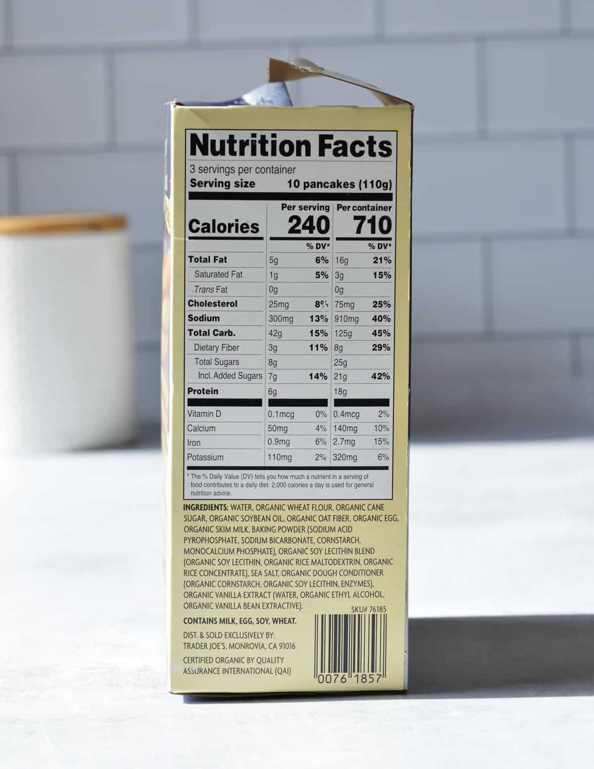 the nutritional facts and ingredients on a box of trader joe's silver dollar pancakes 