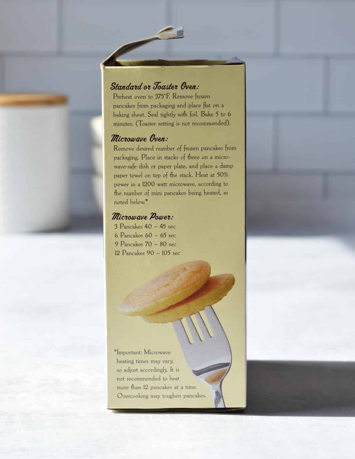 side of the trader joe's mini pancake box with the cooking instructions. 